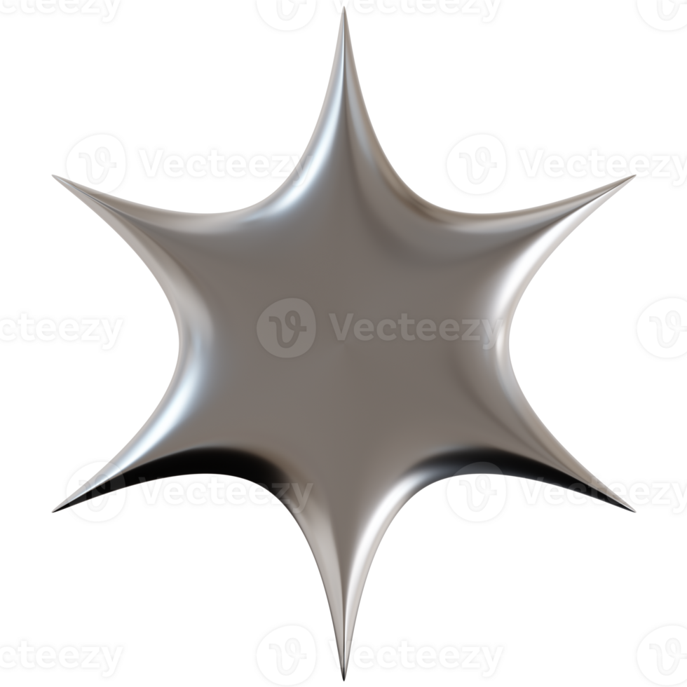 Chrome star with sharp, futuristic design, on transparent background. 3D png