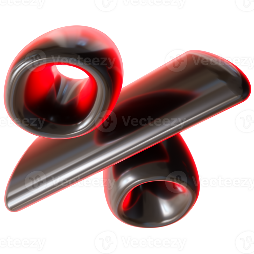 Black and red percentage symbol on transparent background. Futuristic, tech, modern design. Ideal for representing sales or discounts in innovative visuals. Percent sign. 3D render. png