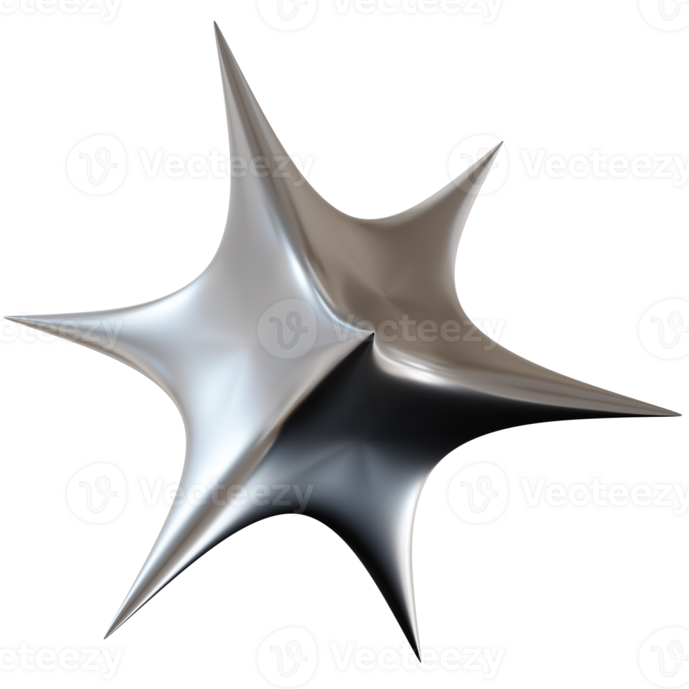 Chrome star with sharp, futuristic design, on transparent background. png