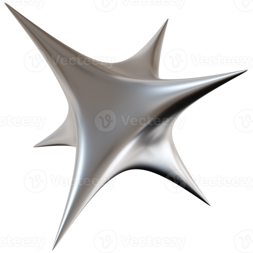3D chrome star with sharp, futuristic design, on transparent background. Modern metallic element, cut out. Y2k style, 2000s. Sleek and edgy vibe. Monochrome, gray surface. 3D render. png