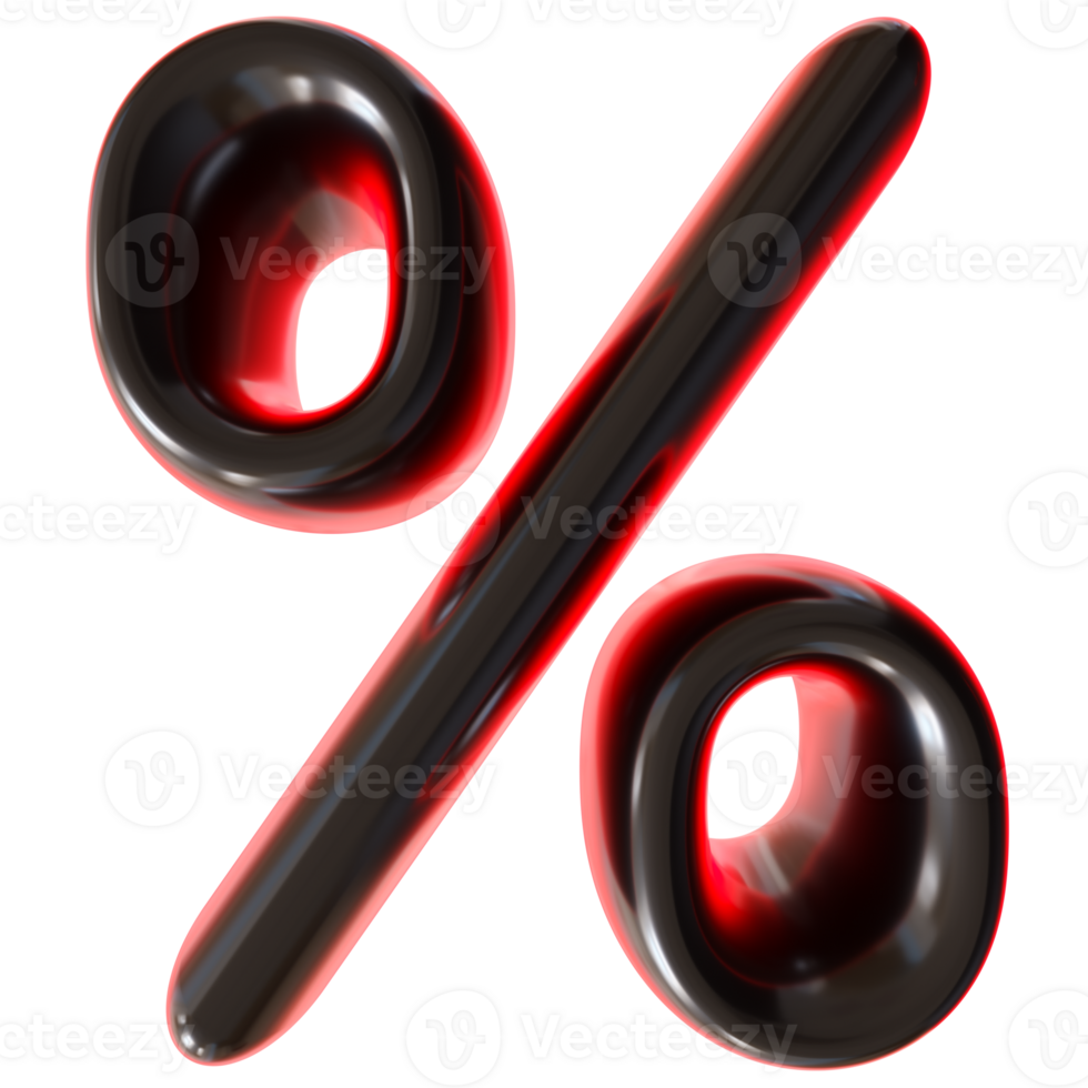 Glossy, black and red percentage symbol on transparent background. Futuristic, tech, modern design. Ideal for representing sales or discounts in innovative visuals. Percent sign. 3D render. png