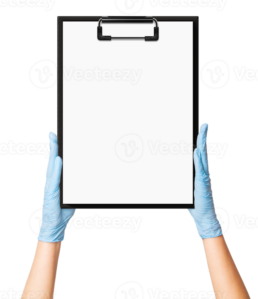 Hands in medical gloves holding a clipboard with notes on an empty background. Medical documentation, healthcare communication, patient records. png