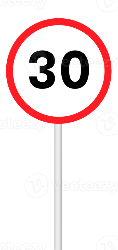 Speed limit sign 30 on a blank background with a white pole. Suitable for traffic regulation, road safety, or signage projects. png