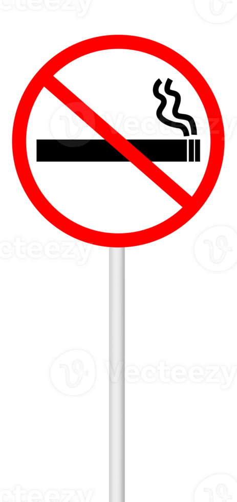 No smoking sign on a blank background with a white pole. Suitable for health regulations, public safety, or signage projects. png