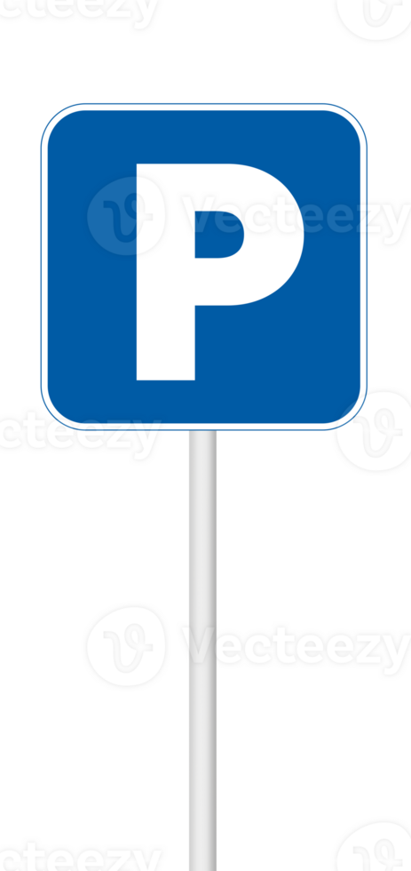Parking sign on a blank background with a white pole. Ideal for transportation, urban planning, or signage projects. png
