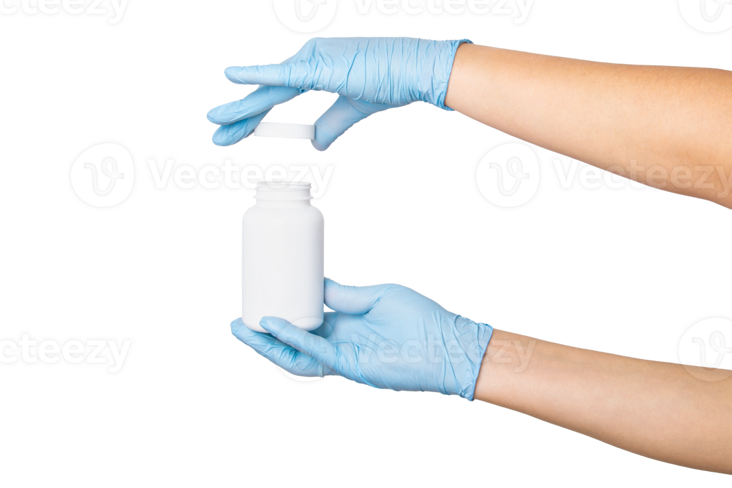 Hand in medical gloves holding jar with capsules on an empty background. Medication storage, pharmaceutical packaging, healthcare. png