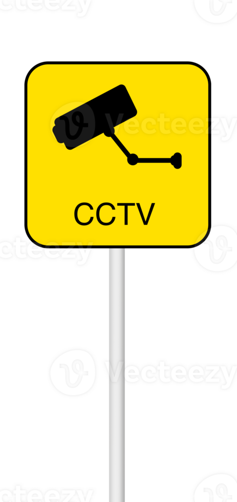 surveillance sign on a blank background with a white pole. Suitable for security warnings, safety measures, or signage projects. png