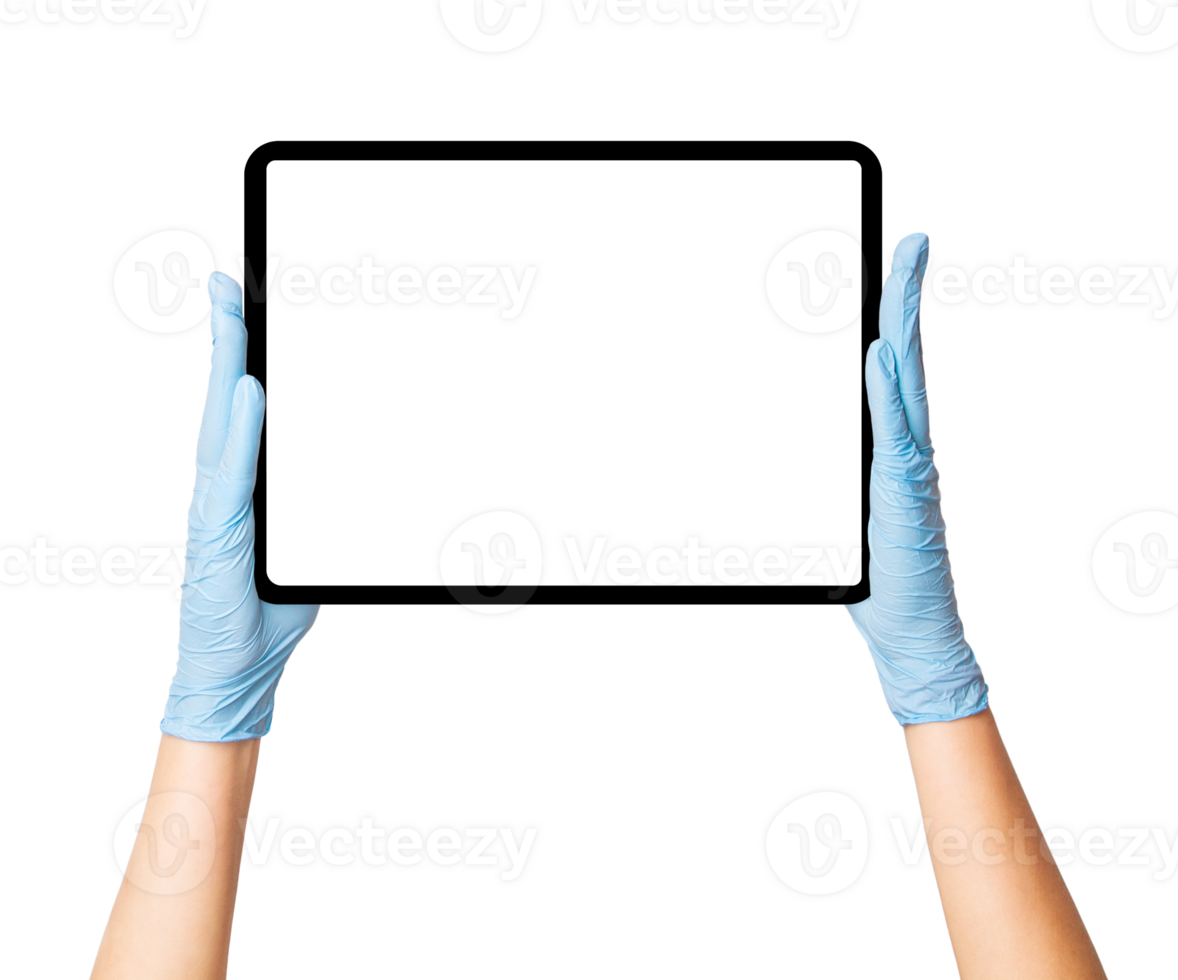 Hands in medical gloves holding an electronic tablet on an empty background. png