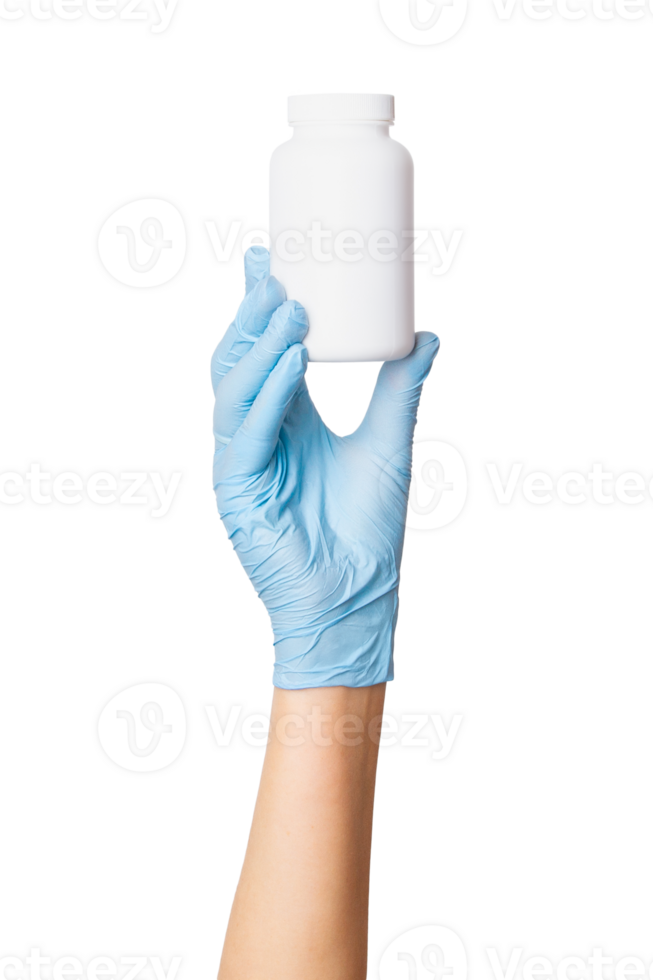 Hand in medical white jar with tablets or capsules on an empty background. Medication storage, pharmaceutical packaging, healthcare. png