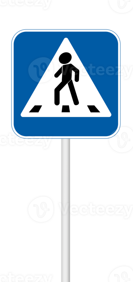 Pedestrian crossing sign on a blank background with a white pole. Suitable for traffic, urban planning, or public safety designs. png