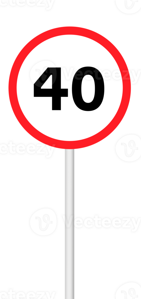 Speed limit sign 40 on a blank background with a white pole. Suitable for traffic regulation, road safety, or signage projects. png