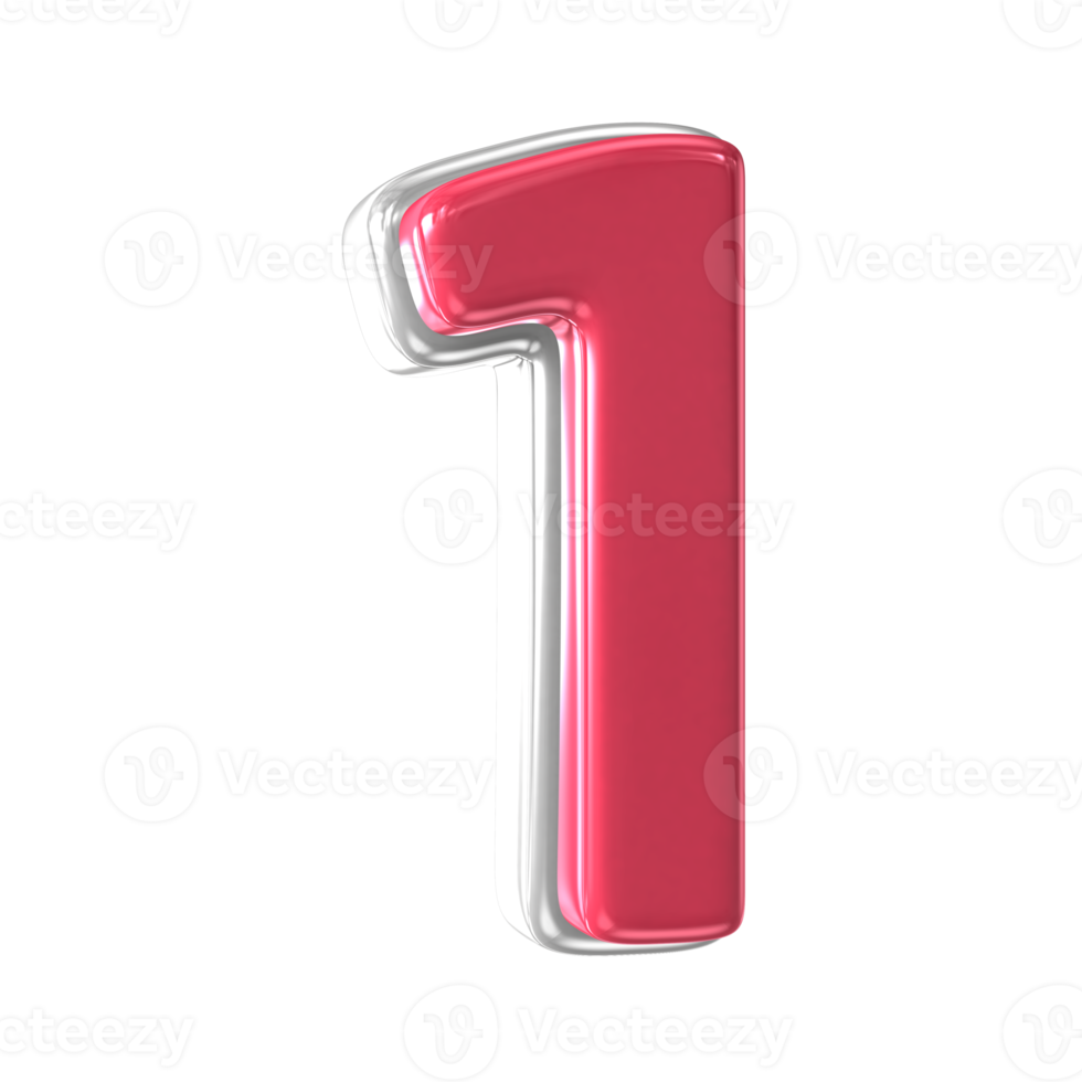 Number 1 red with silver 3d render png