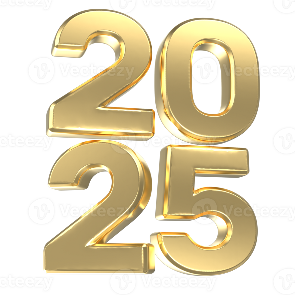 Gold 3D Render Happy New Year Number 2025 png