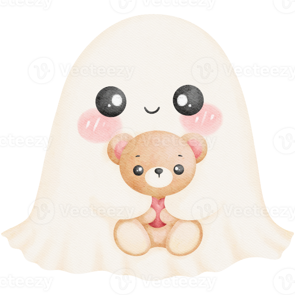 Valentine Ghost Hugging a Teddy Bear Holding a Heart png