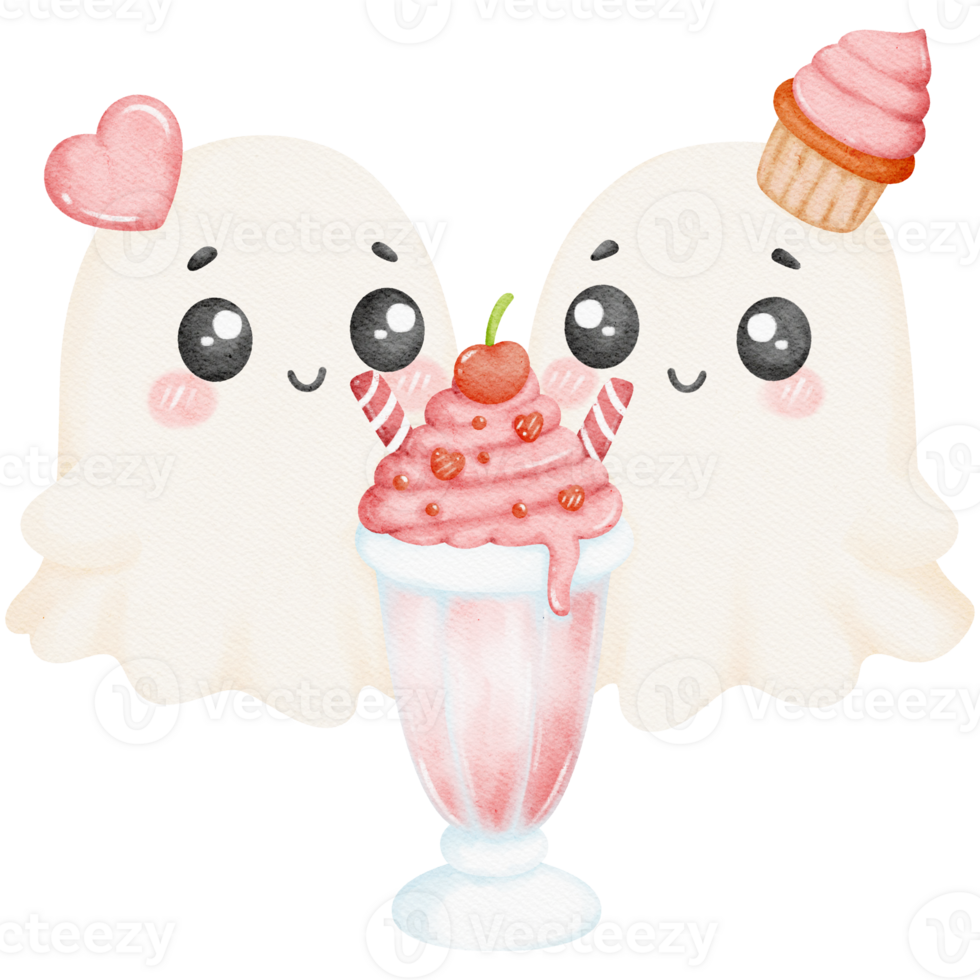 Valentine Cute Ghost Couple Sharing a Milkshake Topped with Whipped Cream and Hearts png
