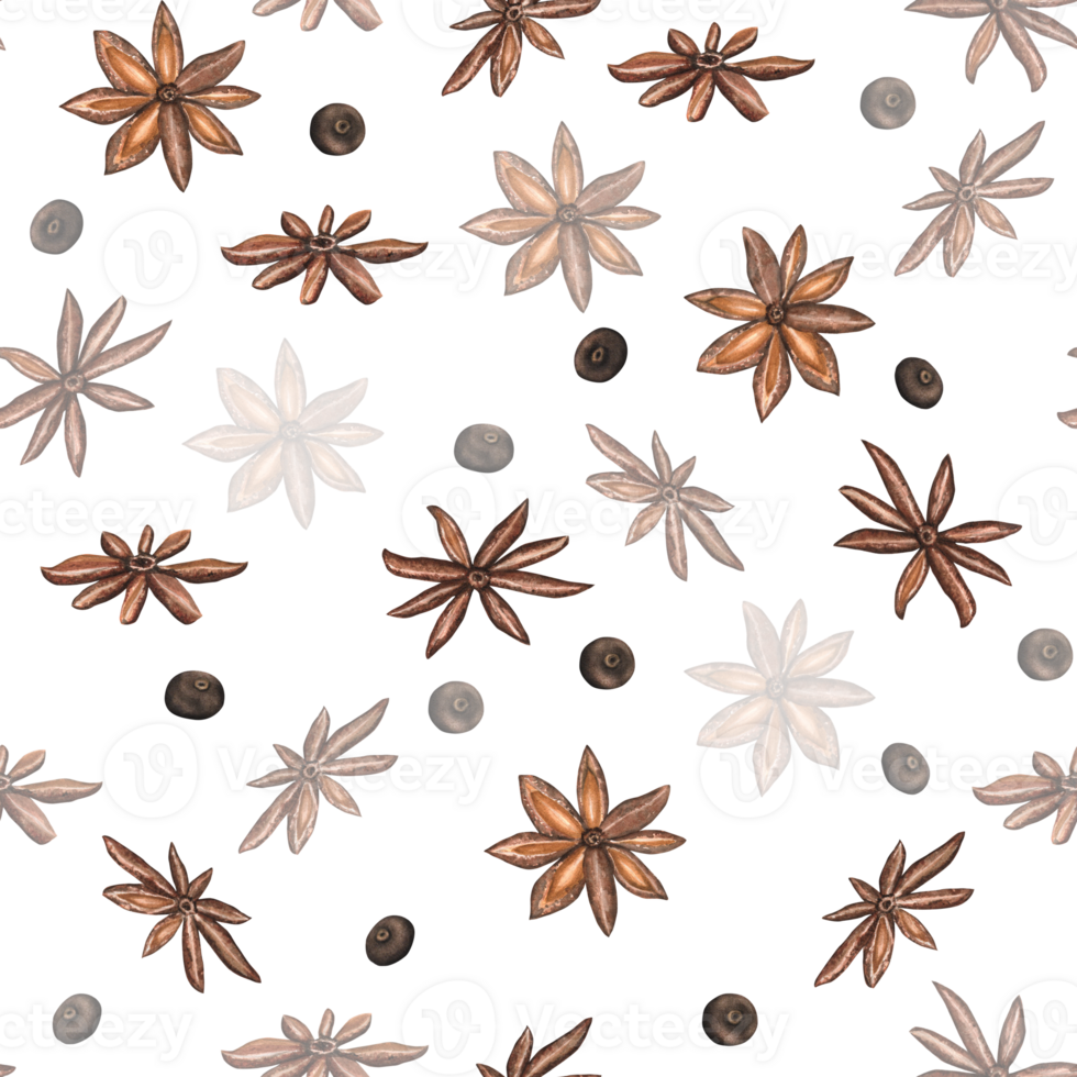 Seamless pattern with spices. Anise and black pepper. For textile, wrapping paper and web design. Hand drawn watercolor illustration png