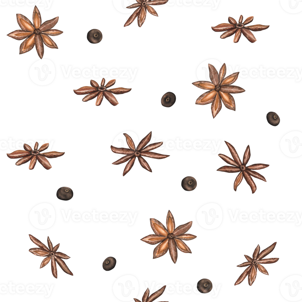 Seamless pattern with spices. Anise and black pepper. For textile, wrapping paper and web design. Kitchen pattern. Hand drawn watercolor illustration png