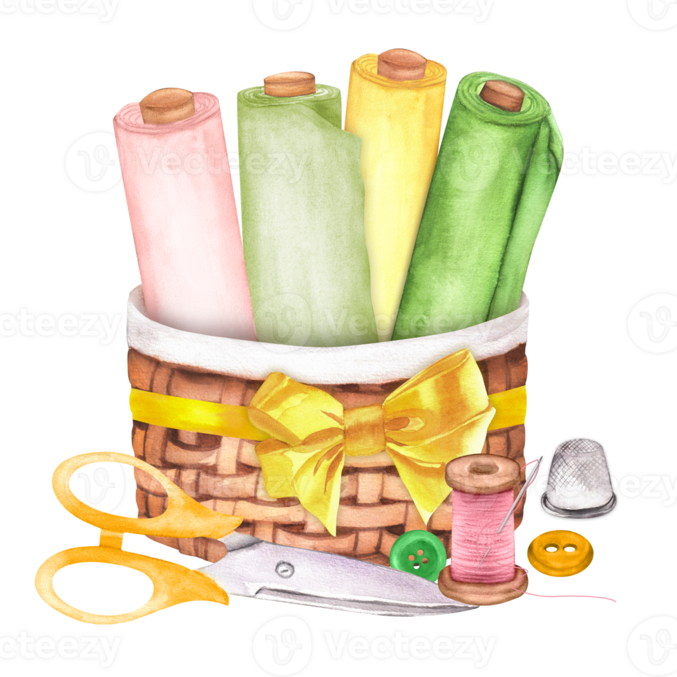 Wicker basket with pink, green and yellow fabric rolls, pin cushion, scissors, thimble, buttons. Sewing clipart. Dressmaking. Hand-drawn watercolor illustration png