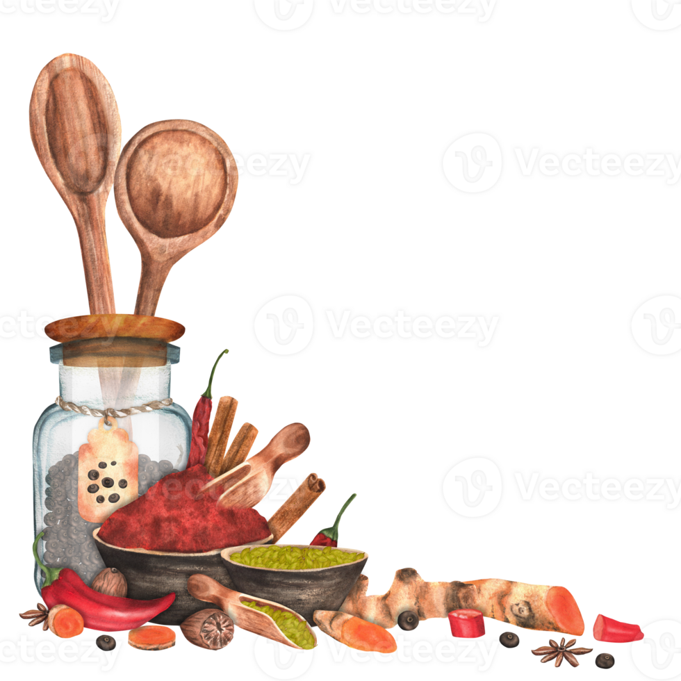 Turmeric, paprika, allspice, chili, cardamom and anise in glass jars and ceramic bowls. Wooden utensils spoons and spatula. Hand-drawn watercolor illustration png