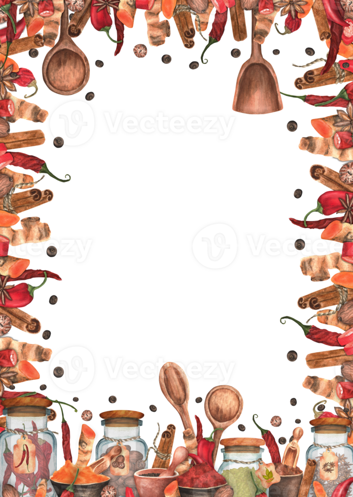 Vertical rectangular frame with spices. Turmeric, cinnamon, nutmeg, anise, allspice, paprika, chili, cardamom. Wooden scoops and spatula and glass jars. Hand-drawn watercolor illustration png