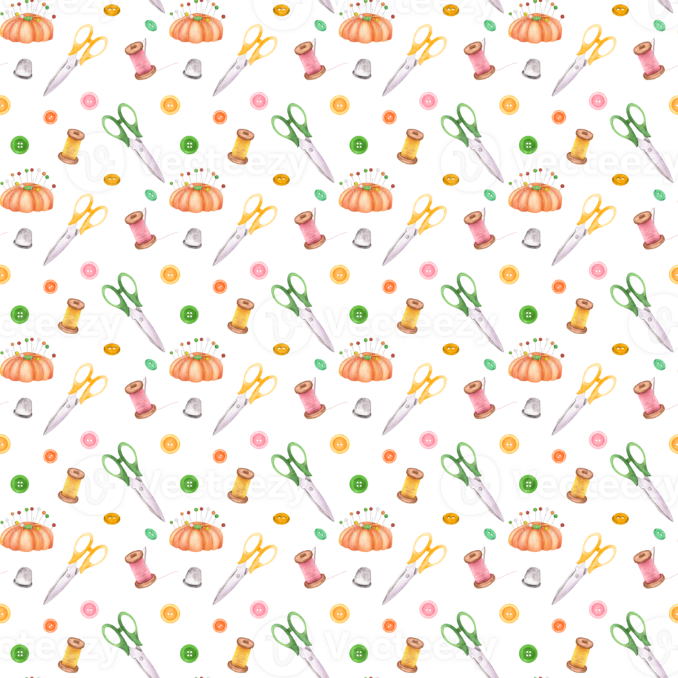 Seamless pattern with scissors, buttons, thread, pincushion and thimble. Sewing clipart. Dressmaking. Tailoring. Hand-drawn watercolor illustration png