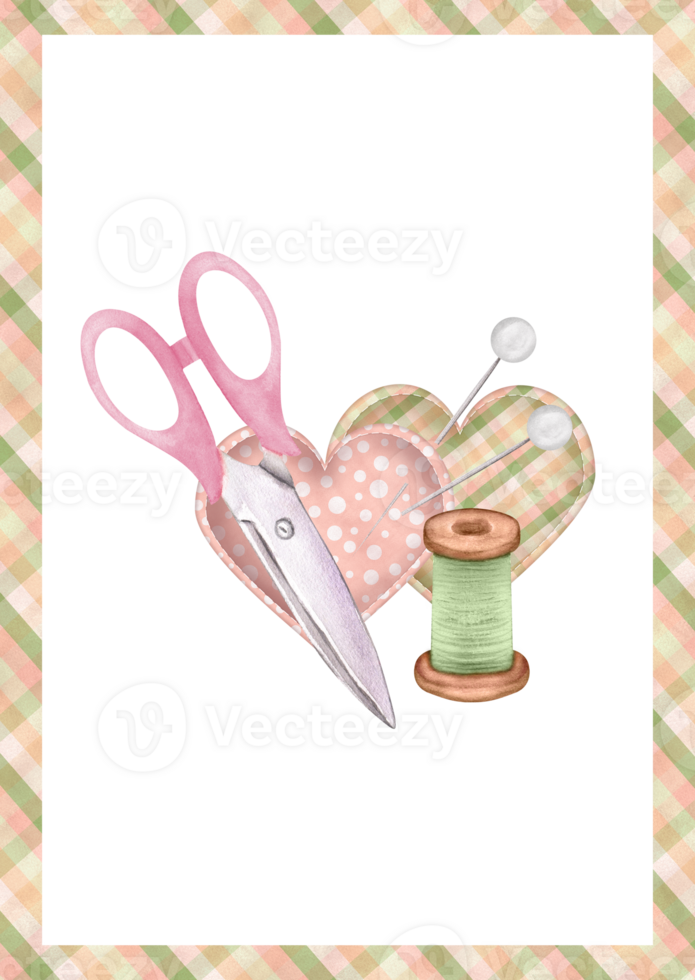 Ready-made postcard with sewing scissors, green thread, 2 heart shaped pincushions and pins. Pink polka dot and plaid patterns. Hand-drawn watercolor illustration png