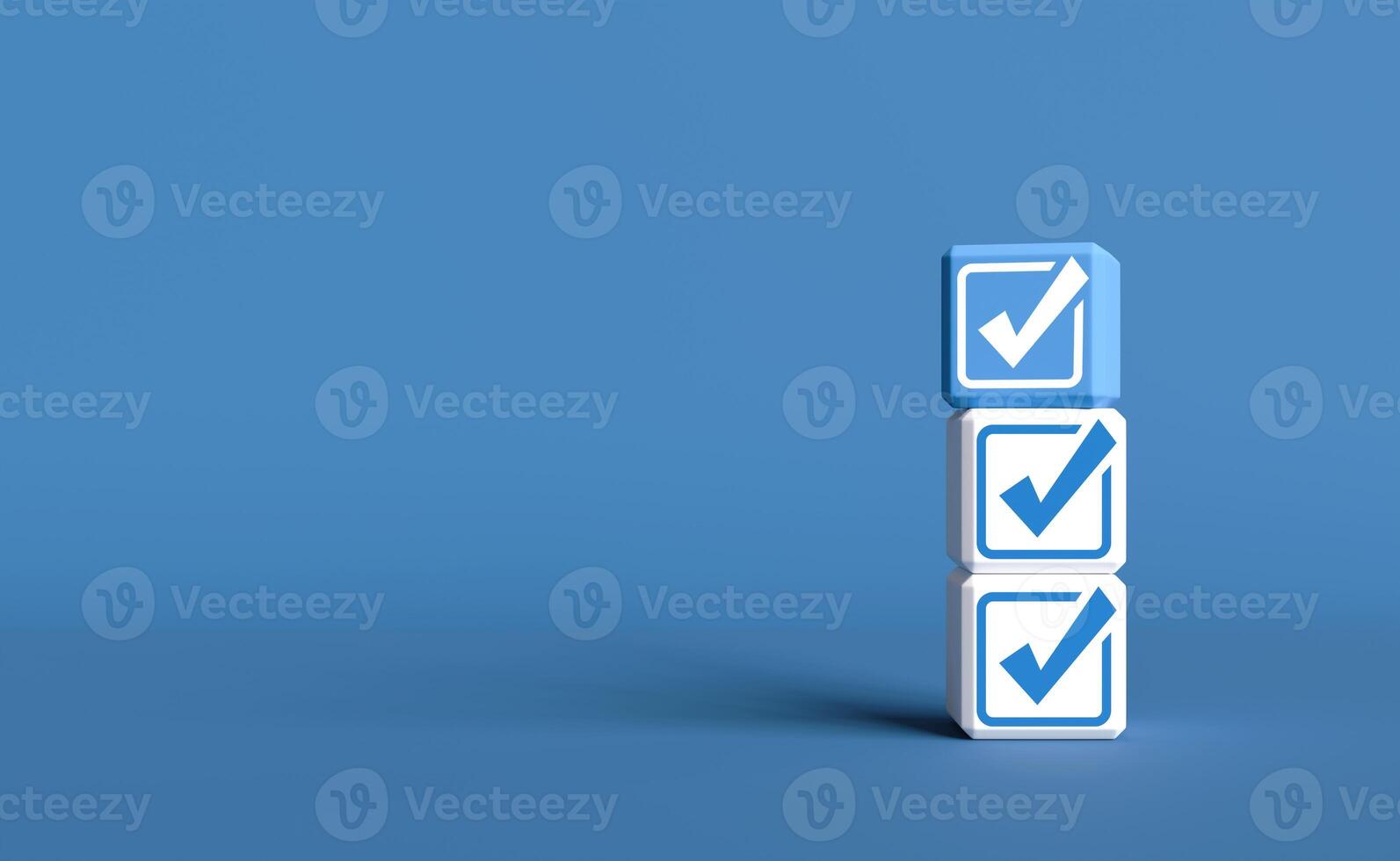Check mark icon in cube on blue background. checklist survey concept, and evaluation Accreditation, quality assurance. with copy space and business design. photo