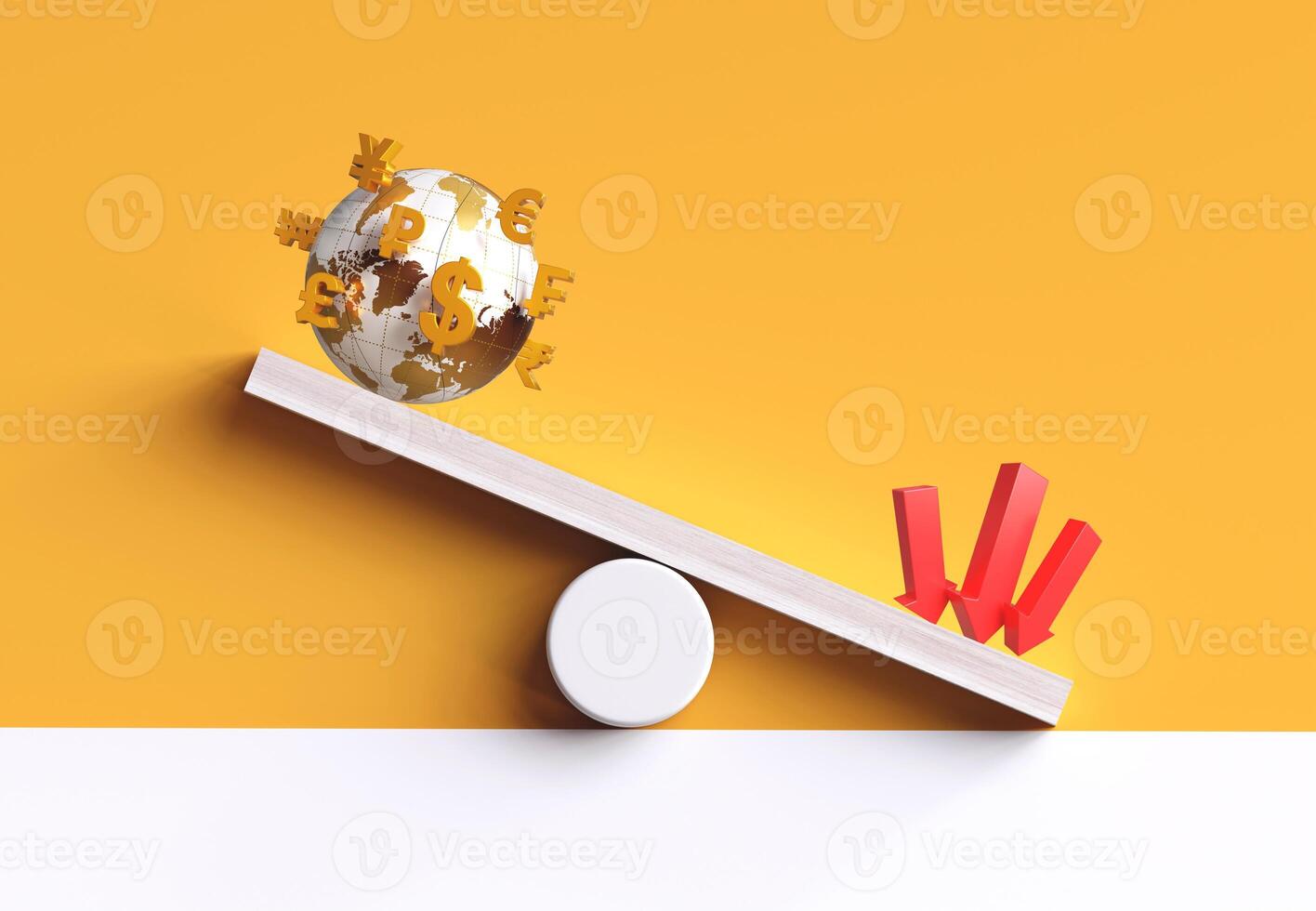Currency icon and heavier red arrow on scale. Concept of Exchange Rate Risk, Money transfer services from overseas to bank accounts, international money transfers via the SWIFT system photo