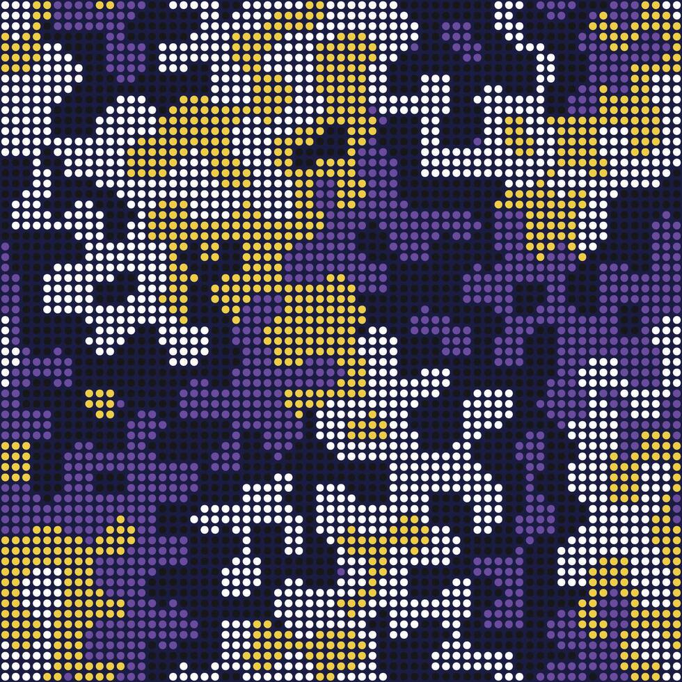 Halftone digital colored camouflage. LED screen pattern in yellow and purple tones, camo grid, polka dot background. Seamless texture vector