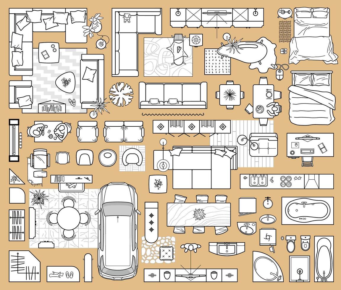 Floor plan icons set for design interior and architectural project view from above. Furniture thin line icon in top view for layout. Blueprint apartment vector