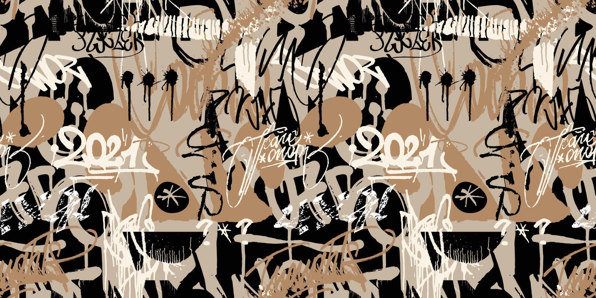 Street art marker tags background, seamless pattern with urban elements, graffiti words. Grunge urban underground culture. Hip hop style writing texture vector
