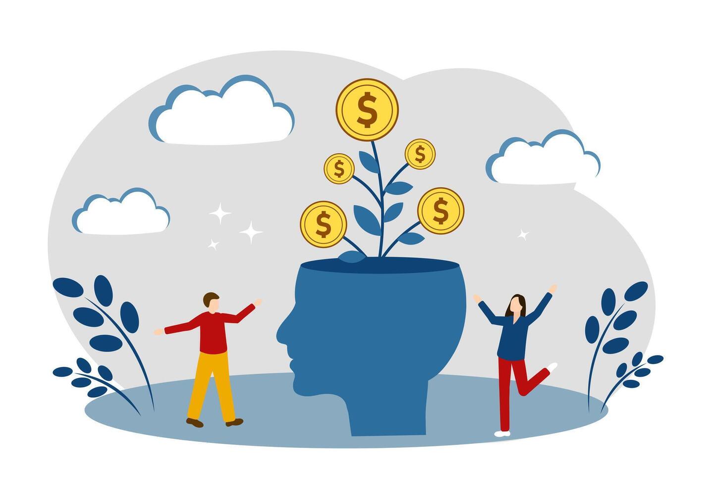 The money tree grows from the head. The concept of success and financial growth. Making money and a successful business vector
