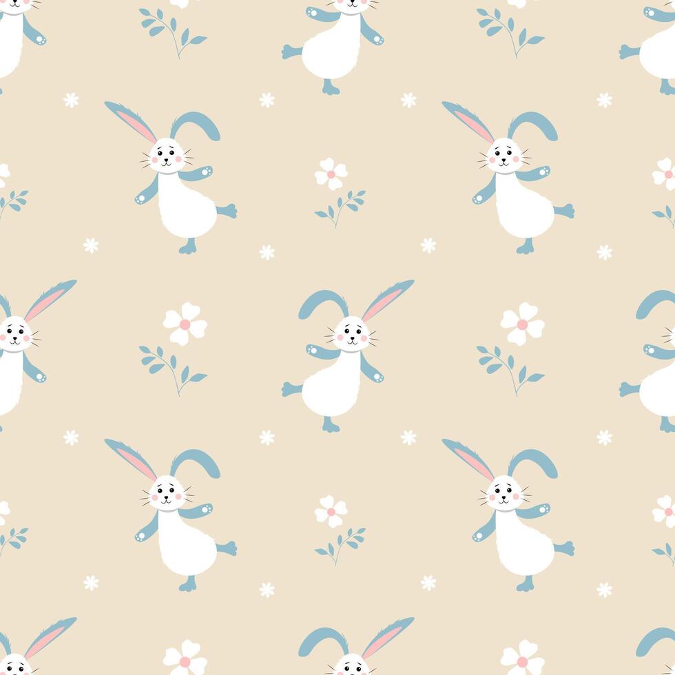 Seamless cute pattern with rabbits and flowers on a gray background vector