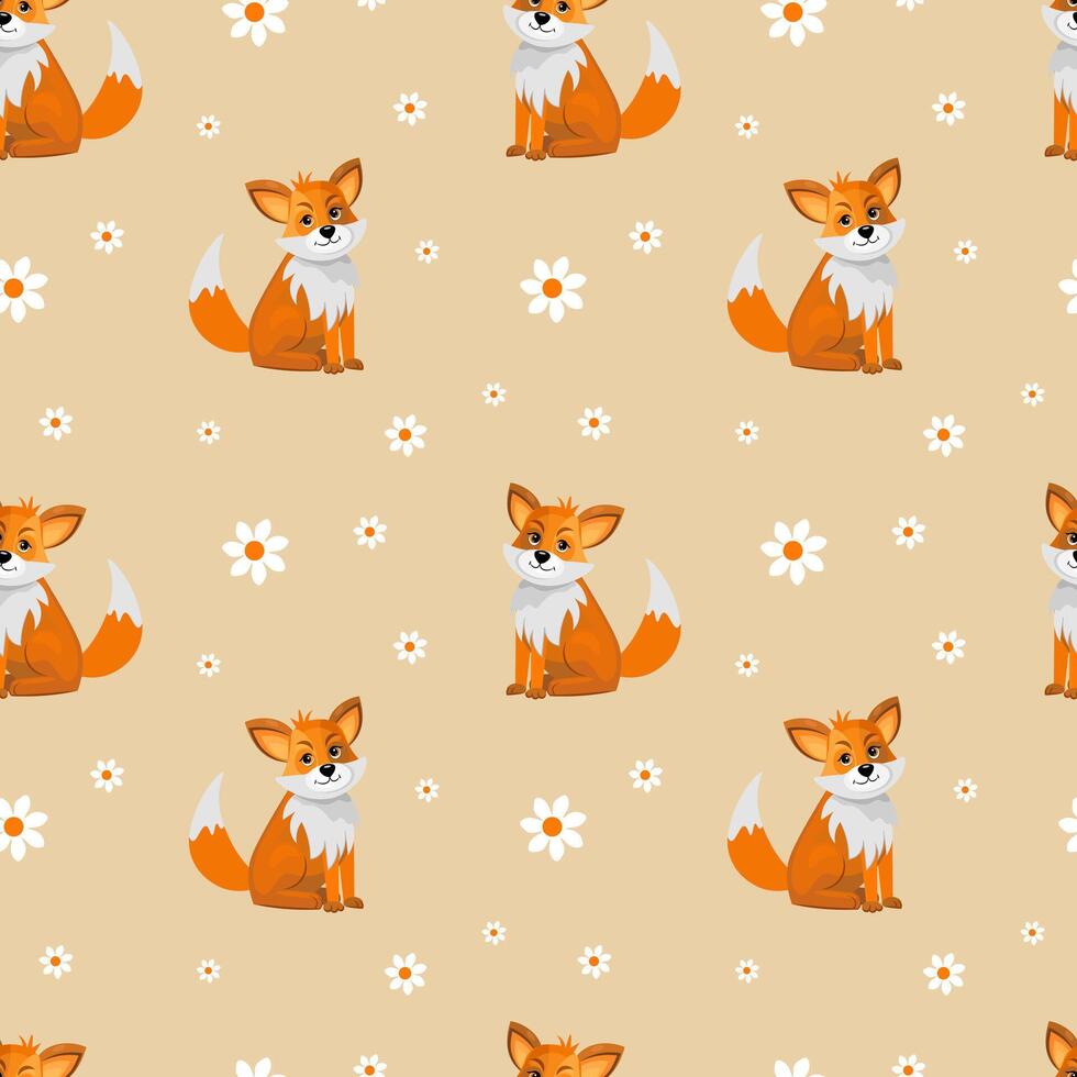 Seamless pattern with foxes and flowers on a beige background vector