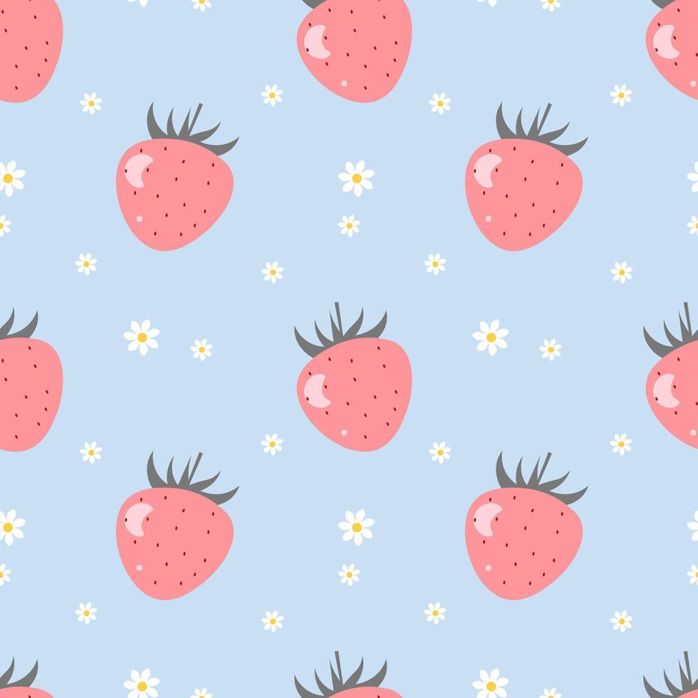 Seamless pattern with pink strawberries and daisies on a blue background vector