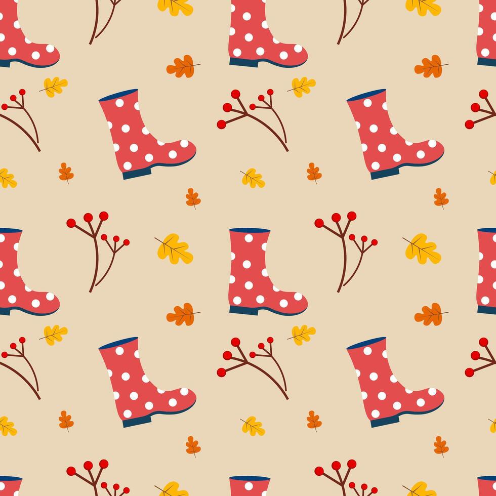 Seamless autumn pattern with red boots on a beige background vector