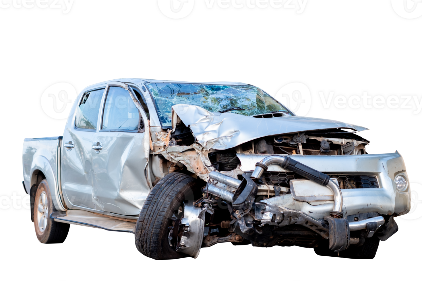 Car, Front view of gray or bronze pickup car get damaged by accident on the road. damaged cars after collision. isolated on transparent background, File png