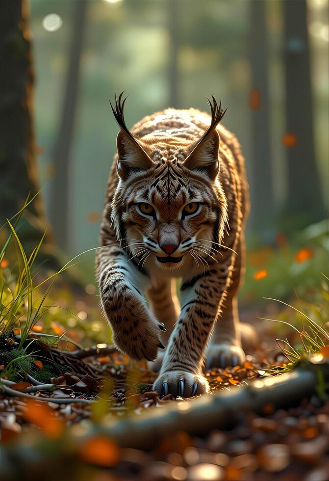 Hyper-Realistic Lynx in a Sunlit Forest - Captivating Wildlife Scene photo