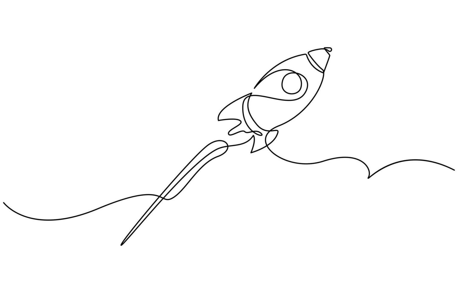 One continuous line drawing of simple retro spacecraft flying up to the outer space nebula vector