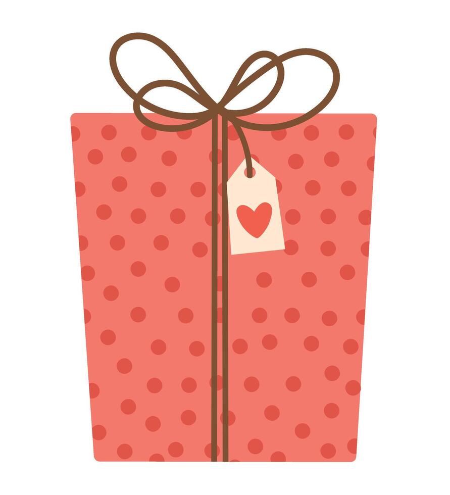 Valentine's day gift box. Polka dot box with bow and heart tag. Isolated illustration for holiday design vector