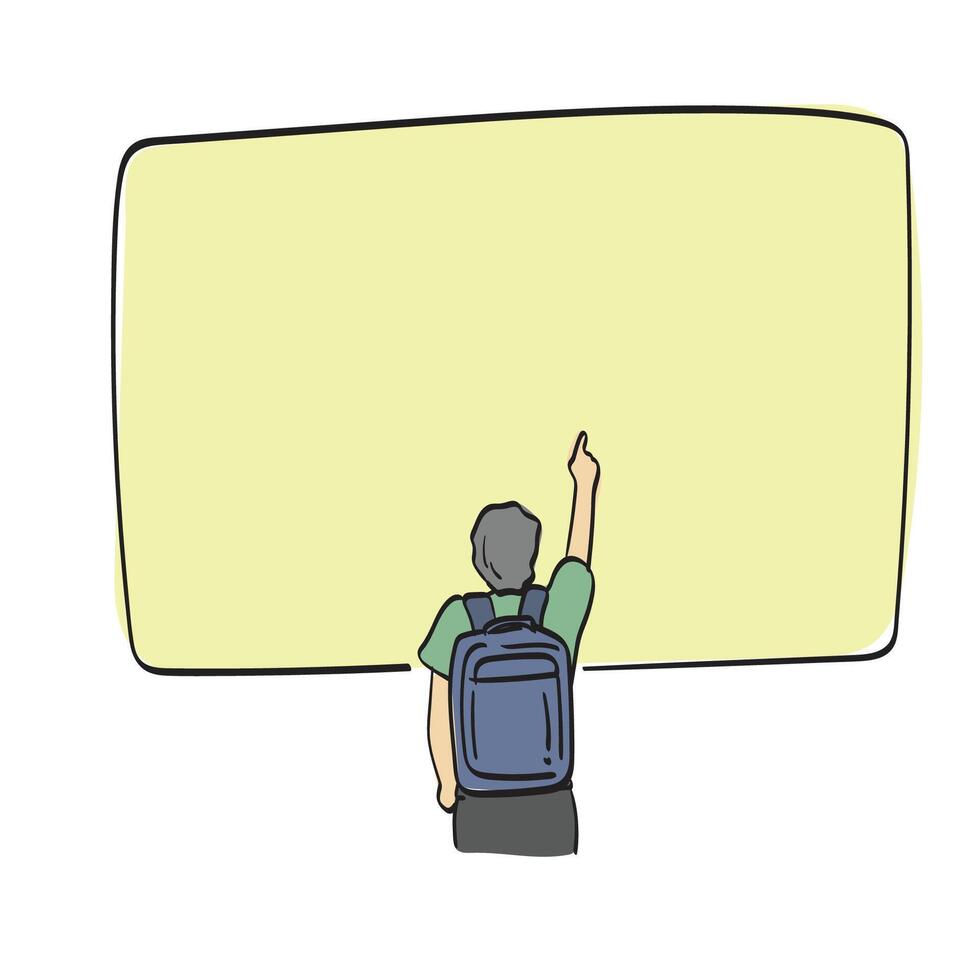 male traveler with backpack pointing up on big yellow blank space illustration hand drawn isolated on white background vector