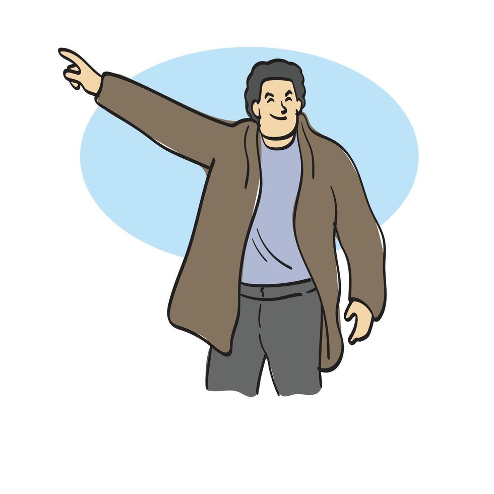 man in brown coat pointing on blank space illustration hand drawn isolated on white background vector