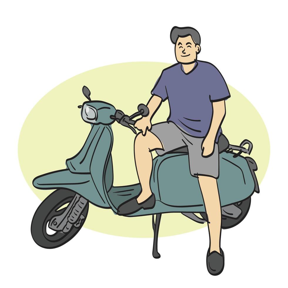 smiling man sitting on his bike illustration hand drawn isolated on white background vector
