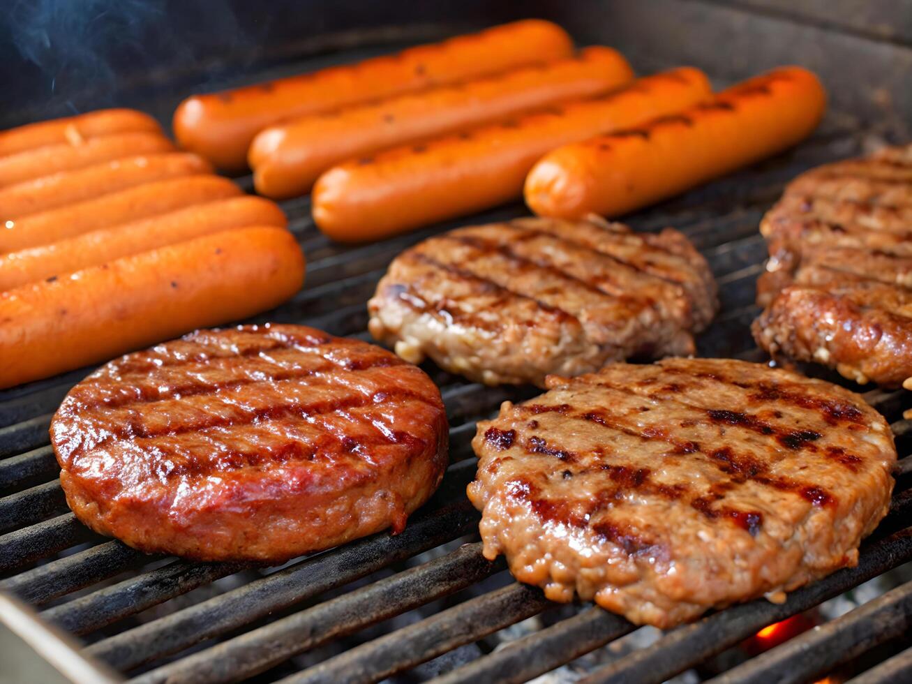 Hamburgers and Hot Dogs Grilling on a Barbecue Grill photo