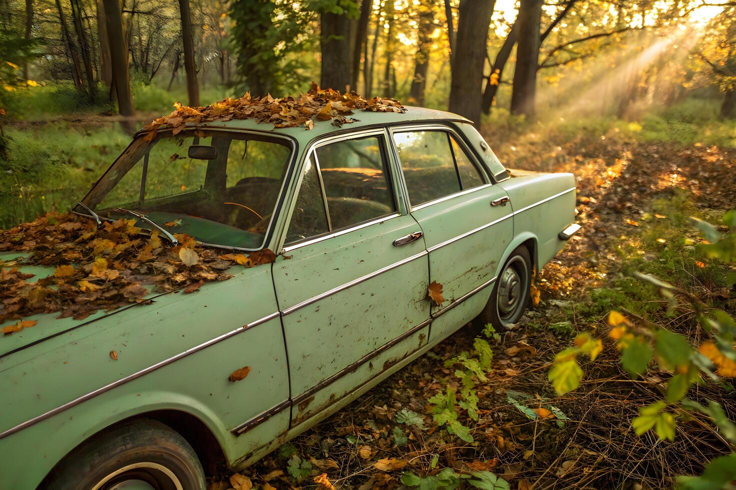 A Vintage, Light Green Car Partially Overgrown With Autumn Leaves, Abandoned in a Forest Clearing photo
