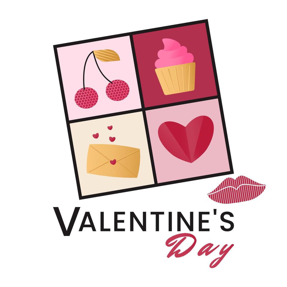 Postcard with romantic symbols of Valentine's Day - cherry, cupcake, envelope with hearts, heart and kiss. vector