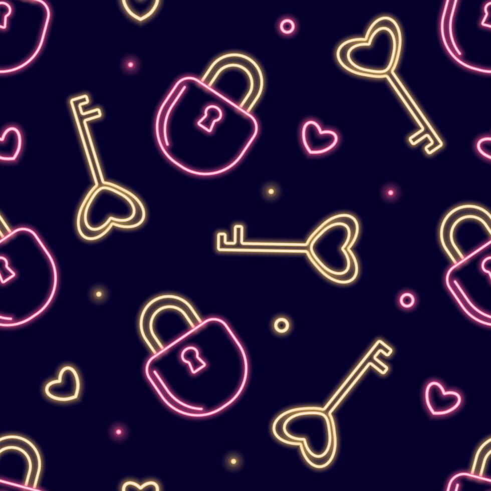 Neon seamless pattern with romantic Valentines Day themed icons. vector