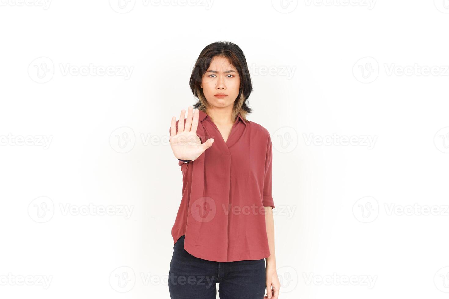 Rejection Hand Gesture Of Beautiful Asian Woman Isolated On White Background photo