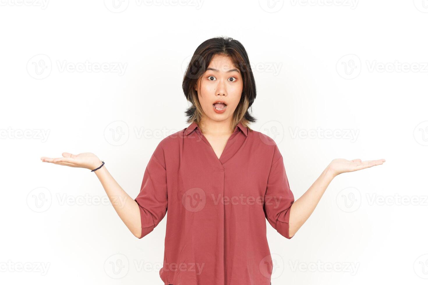 Showing Two Product on Open Palm Of Beautiful Asian Woman Isolated On White Background photo