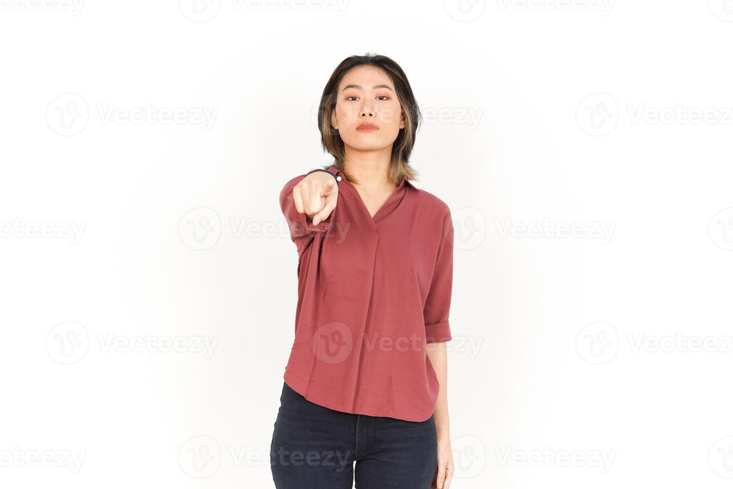 Get Angry and Pointing at You Of Beautiful Asian Woman Isolated On White Background photo